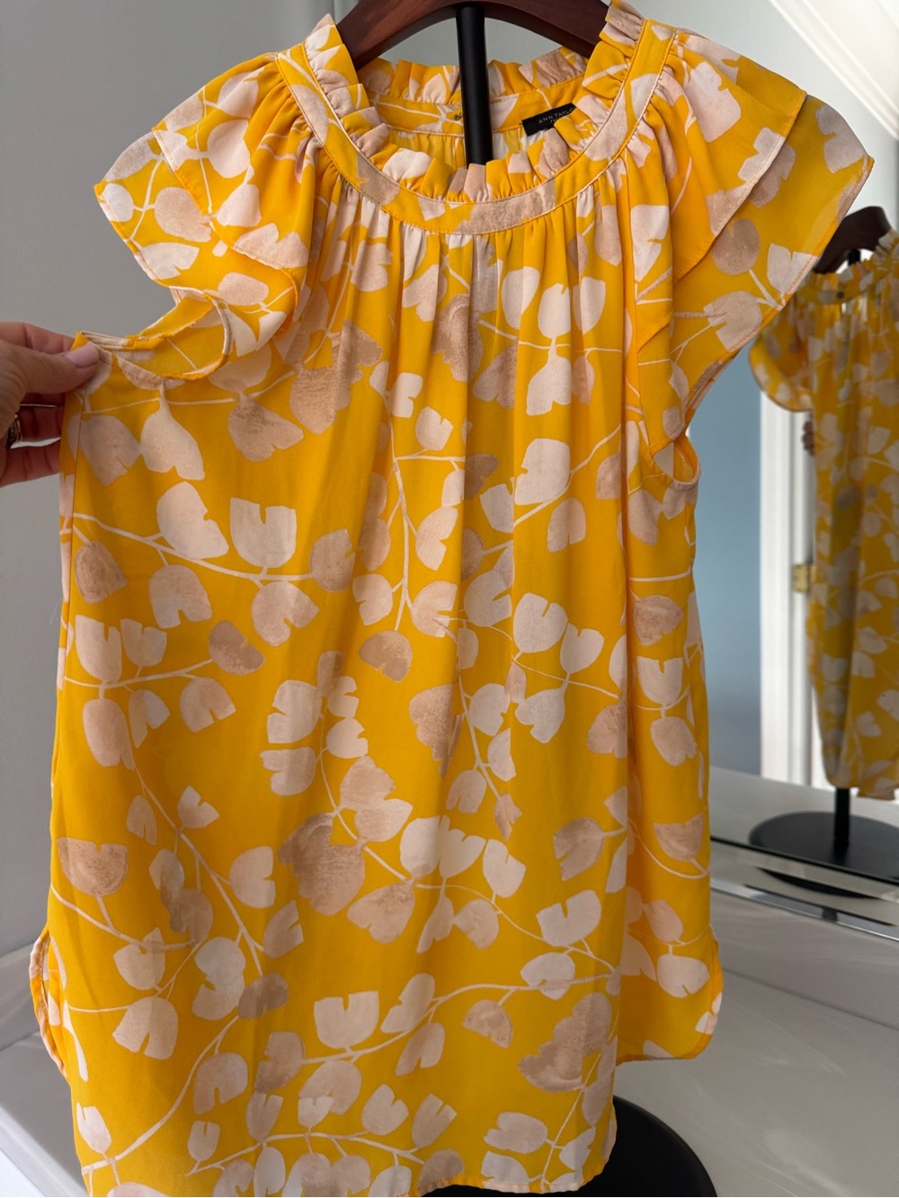 Ann Taylor Yellow Floral Ruffle-Cap Sleeve Blouse US Small